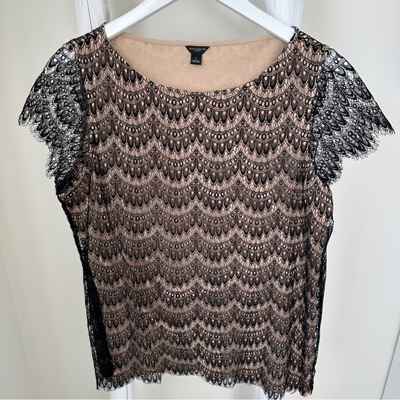 Ann Taylor Tops - Ann Taylor Black Lace Overlay Blouse with Tan Cotton Lining Size Large